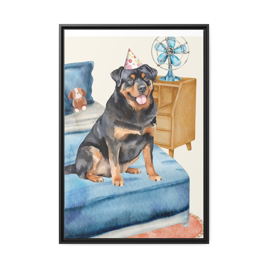 Rottweiler pup Matte Canvas, Black Frame